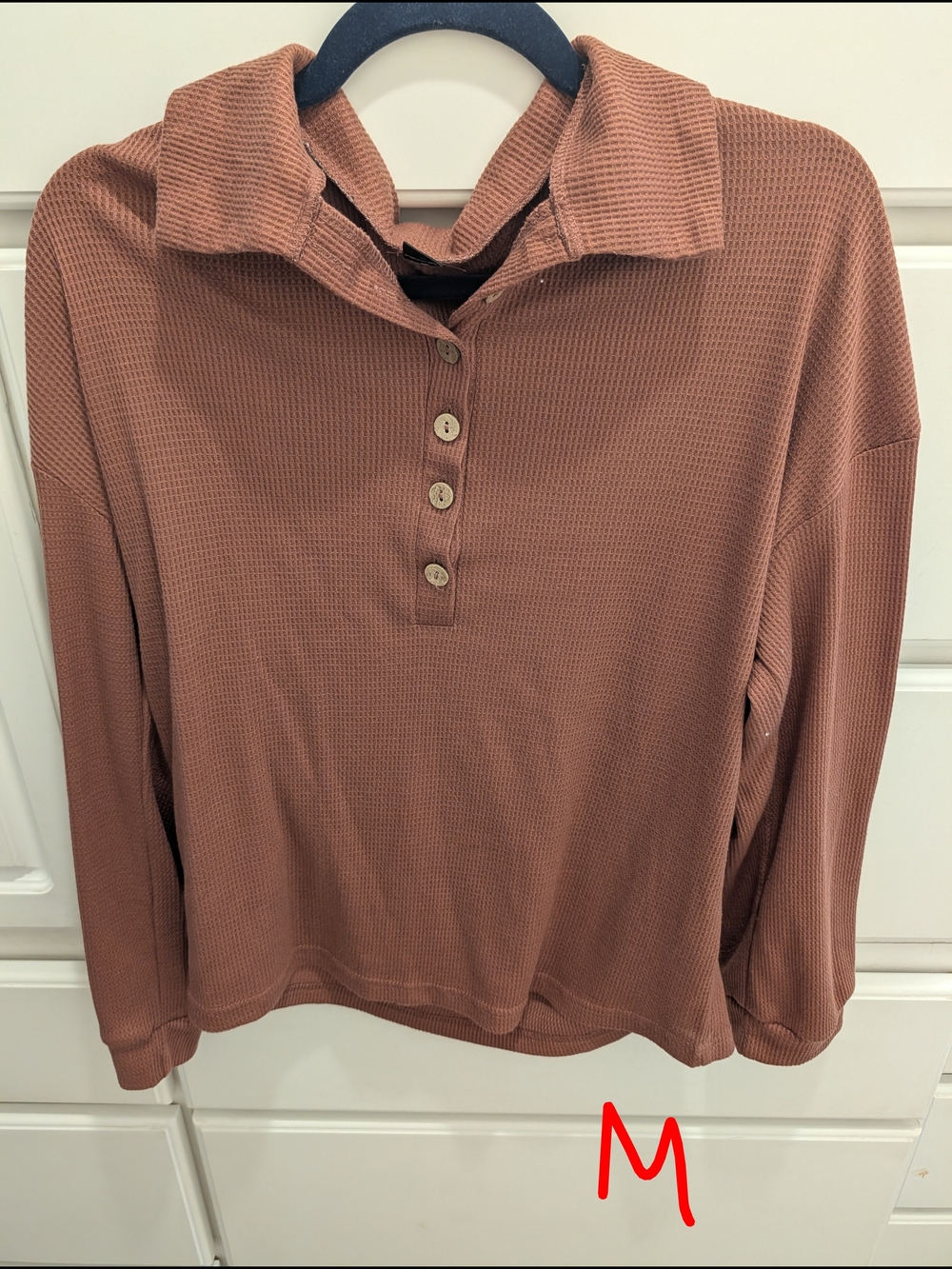 Waffle Knit Henley Top - Rust
